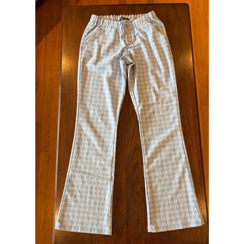 Brandy Melville Blue Gingham Plaid Stretch Waist Flare Pants